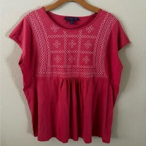 Gloria Vanderbilt Red Embroidered Round Neck Cap Sleeve Blouse